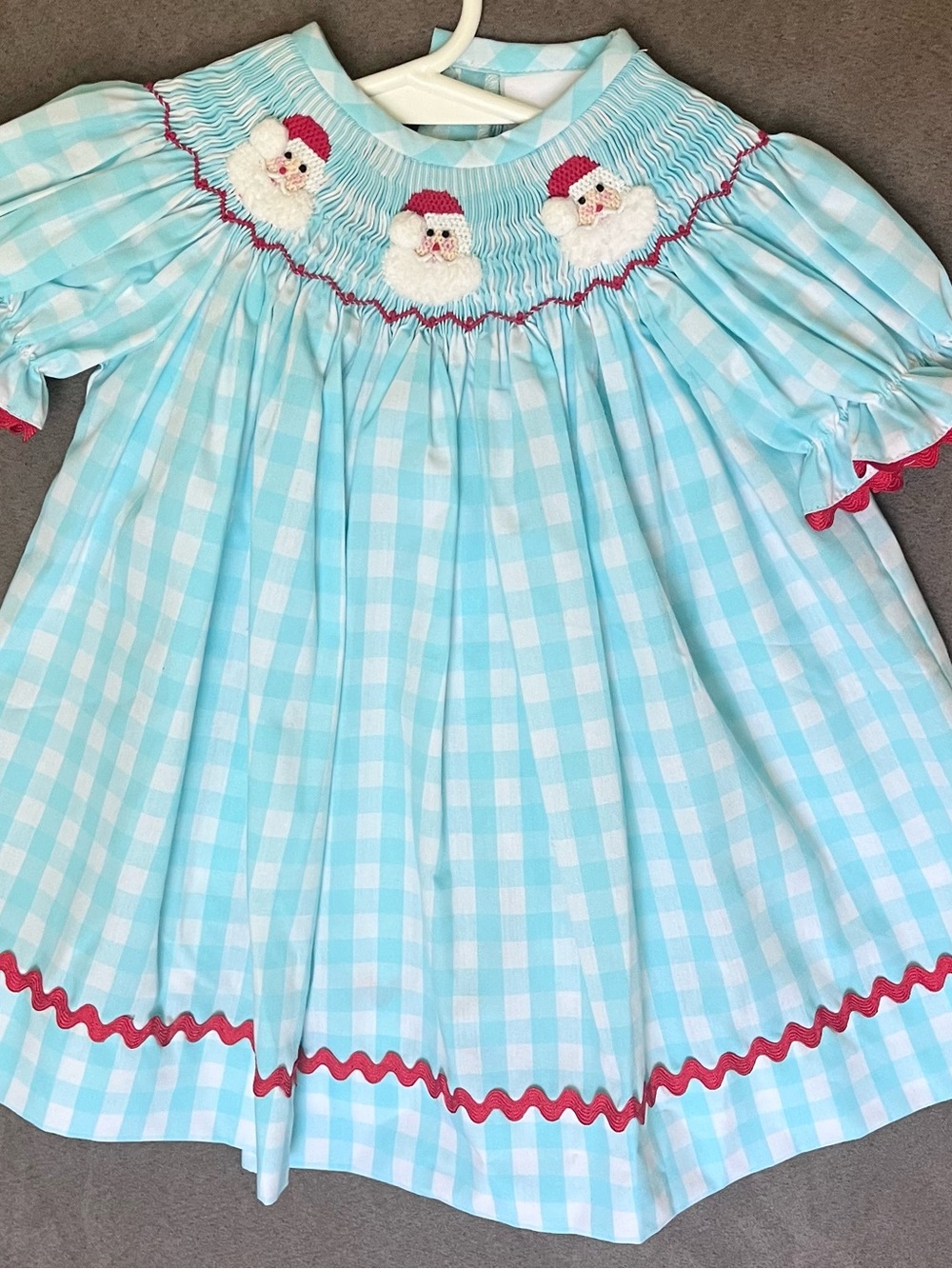 Girls' Light Blue Gingham Smocked Dress with Santa Motif